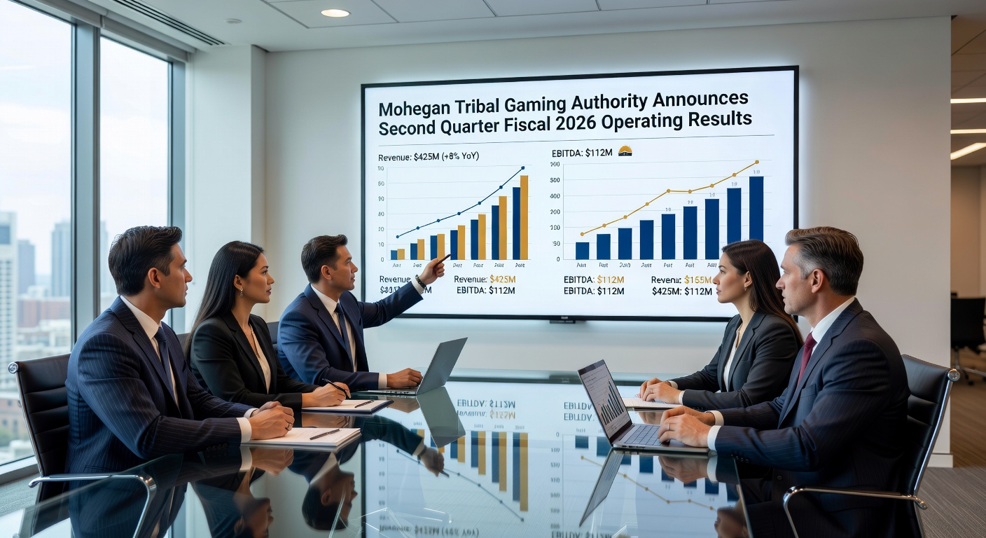 Close-up of casino financial charts and graphs on a digital screen, overlaid with Mohegan Tribal Gaming Authority logo, illustrating quarterly earnings data