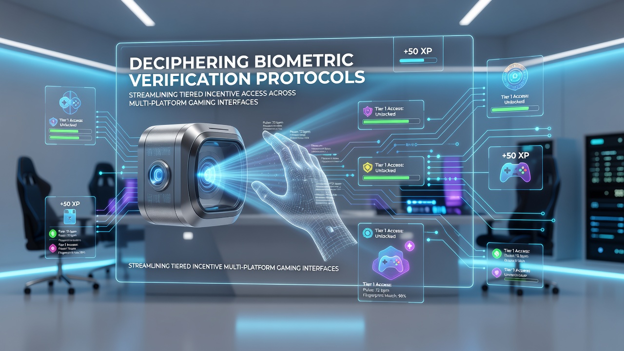Biometric scanning interface on gaming devices showing fingerprint and facial recognition for tiered access