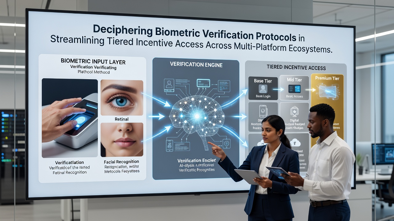 Multi-device setup illustrating biometric verification linking mobile, desktop, and tablet gaming interfaces for incentive tiers