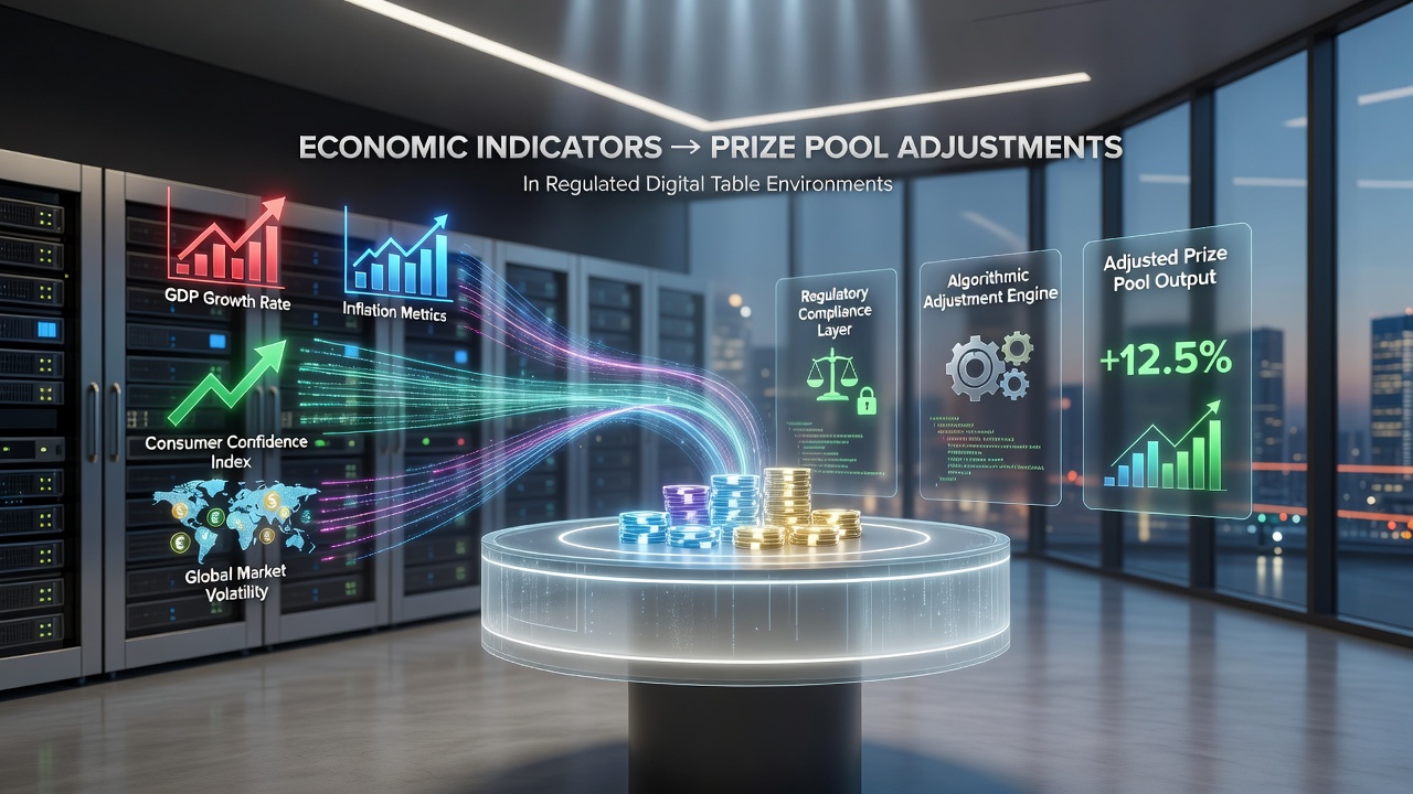 Live dealer digital table setup with overlaid economic data dashboards and pool adjustment indicators