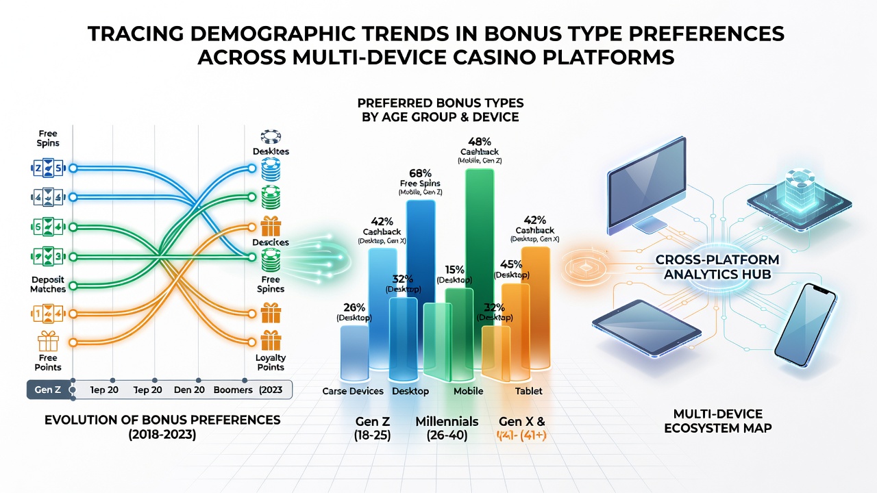 Charts and graphs illustrating age and device correlations with bonus type selections in casino platforms