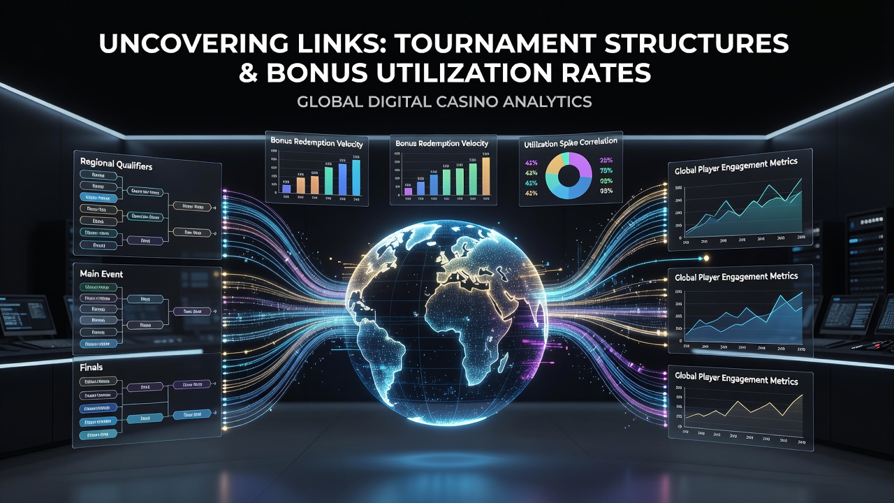 Analytics dashboard displaying global tournament brackets connected to bonus utilization graphs across digital casino networks